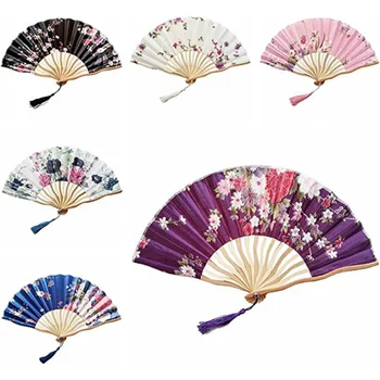 1 adet Vintage Çiçek İpek Katlanır El Fan Bambu Çin Kumaş Fan Desen Sanat Zanaat Japon Dekor Ev Gelin Katlanır El Fan