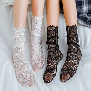 1 Çift Retro Seksi Dantel Çiçek Örgü Çorap Kadın Siyah Şeffaf Pamuklu Çorap Bayanlar için Elastik Sevimli Prenses Çorap Kadın