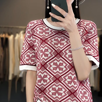 100 % Saf Pamuklu tişört kadın Giyim O-Boyun Kazak Kısa Kollu Moda Kore Örme Tank Top Yaz İnce Üst Retro Tees