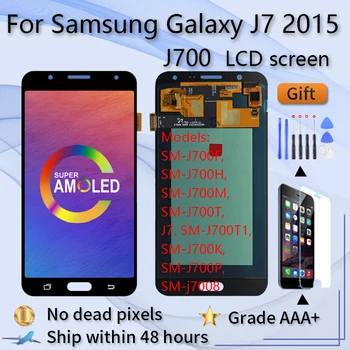 100 % Süper AMOLED Yeni samsung LCD J7 2015 J700 SM-J700F J700M J700H / DS Ekran dokunmatik ekranlı sayısallaştırıcı grup Uygulanabilir