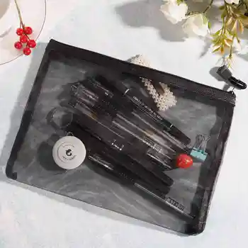 12 Adet file çanta Siyah Örgü Fermuarlı Kese Makyaj Çantaları Kozmetik Seyahat Organizatör Çanta kalem kutusu