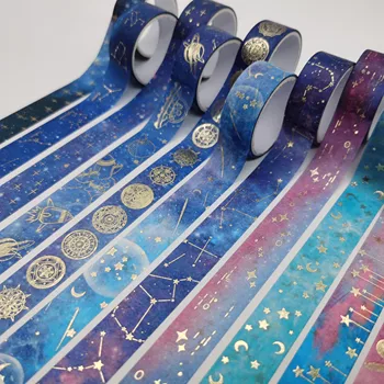 12 adet / kutu Yıldızlı gökyüzü Usturlap Ay Gezegen Washi Bant Maskeleme Bandı Kırtasiye Dergisi Washi Bant Dekorasyon Altın Folyo Washi Bant
