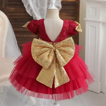12 M Bebek Kız Büyük Yay Elbise Vintage Kırmızı Nakış Çiçek Prenses Tül Tutu Elbise 18 M Yenidoğan Çocuklar Pullu Pageant Gala Giysileri