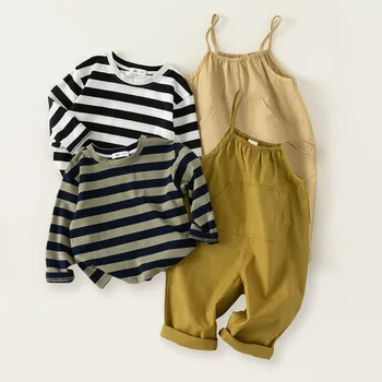 2 Adet Bebek Erkek Kız Giyim Setleri Düz Renk Çizgili Tişörtleri + Gevşek Tulum Kıyafetler Çocuk Giysileri Bahar