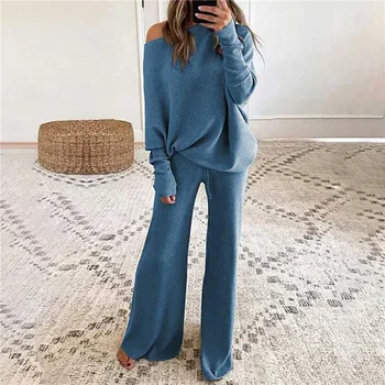 2 adet Pantolon Takım Elbise Kadın Pijama Kıyafetler Örme Gevşek Rahat Kazak Gecelik Elastik Bel Sonbahar Kış Eşofman Pijama
