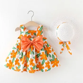2 parça Set yaz elbisesi Giysileri Bebek Kız Yay Çiçek Etek + Şapka Yürümeye Başlayan Kostüm Bebek Plaj Elbiseleri Sevimli Güzel Kız Elbise