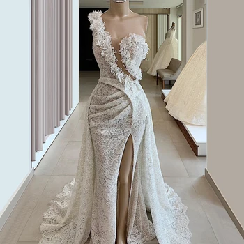 2020 Bir Omuz düğün elbisesi Mermaid Yarık Aplike Dantel Kat Uzunlukta Kadın elbise düğün elbisesi gelin kıyafeti Haute Couture