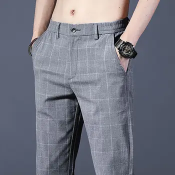 2020 Erkek Yaz Sonbahar İnce Rahat İş Ekose Pantolon Takım Elbise Pantolon Erkek Elastik Düz Resmi Pantolon 28-40 L69