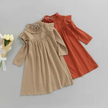 2022 2-6Y Toddler Bebek Kız Elbise Fırfır Omuz Düz Renk Uzun Kollu Bahar Sonbahar rahat elbise Sundress