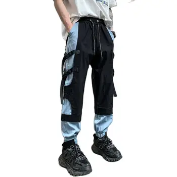 2022 İlkbahar Yaz Mavi Siyah Patchwork Techwear rahat pantolon Erkek Sahte İki Parçalı Şeritler Harajuku Hip Hop Kargo Pantolon