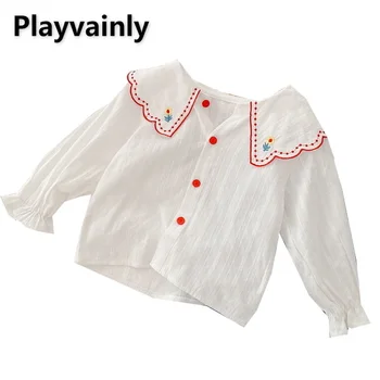 2022 Kore Tarzı Bahar Çocuk Kız Gömlek Uzun Kollu Peter Pan Yaka Beyaz Kırmızı Patchwork Bluz Çocuk Retro Elbise E392