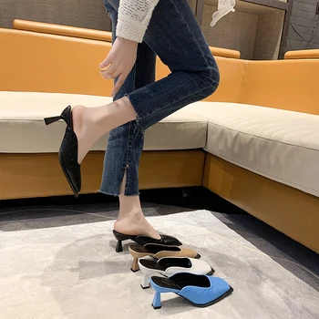 2022 Moda Kadın İnce Yüksek Topuklu Katır Terlik Kare Ayak Kayma Yaz Özlü Sandalet Kadın Terlik Sandalias Mujer
