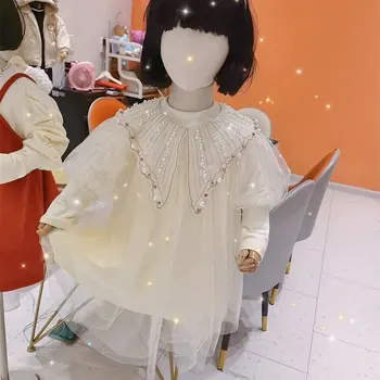 2023 Bahar Yeni ışık Lüks Moda Kız Elbise Kelebek Boncuklu Örgü Puf Kollu Prenses Elbise Alt Gömlek İki parçalı Set