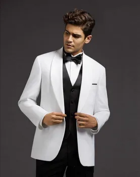 2023 Düğün Erkek Takım Elbise Şal Yaka Yenilik Blazer Seti Beyaz Damat Smokin Erkek Blazer Ceket Erkekler Üç Adet Ceket + Yelek + Pantolon