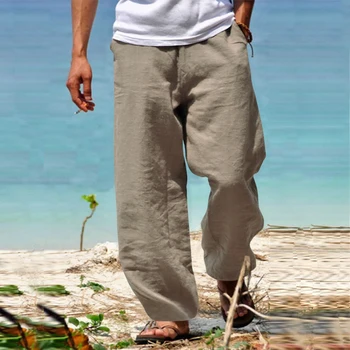 2023 İlkbahar Yaz Vintage erkek Düz Renk Pamuk Keten Uzun Pantolon günlük pantolon Erkekler Eğlence İpli plaj pantolonları