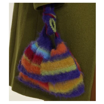 2023 Moda Pamuklu Bez Kızlar Tote Alışveriş Çantası Yün Örme Omuz alışveriş çantası Kadın Vintage Gökkuşağı şerit Kadın Çanta
