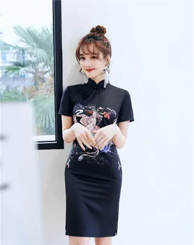 2023 Siyah Kadın yaz elbisesi Cheongsam Standı Yaka Moda Vinç Baskı Çin Geleneksel Kısa Elbiseler Qipao