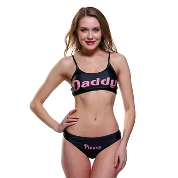 2023 Sıcak Satış İki Parçalı Mayo BURAYA GEL BABA LÜTFEN Mektup Baskı Sevimli Bayan bikini seti Kızlar Mayo Plaj Kıyafeti