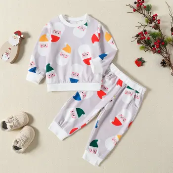 2023 Toddler Erkek Bebek Sonbahar Kış Kıyafet Noel Uzun Kollu Tişörtü koşucu pantolonu Noel Baba Baskılar Yenidoğan Giysileri Set