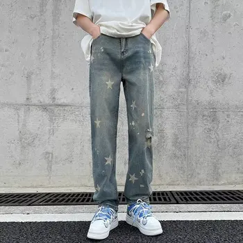 2023 Y2K Moda Yıldız Baskı Hip Hop Yırtık Kot Pantolon Erkekler İçin Kore Giyim Düz Mavi Yıkanmış Denim Pantolon Ropa Hombre