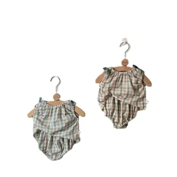 2023 Yaz Yeni Bebek Kolsuz Giyim Seti Bebek Renk Ekose Yelek + Şort 2 adet Takım Elbise Pamuk Toddler Kız dış giyim Çocuk Giyim