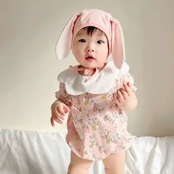 2023 Yaz Yenidoğan Romper Bebek Kız Harper + Şapka seti Parçalanmış pamuk bebek tulumu + Tavşan Kulak Şapka