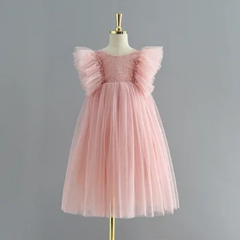 2023 Yaz çocuk uzun elbise Dantel Örgü Büyük Fırfır Kabarık Kollu Ayak Bileği Kızlar Çiçek Elbiseler 2-10 Yaşında Çocuk Giyim