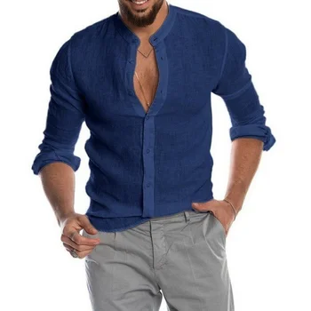2023 Yeni Bahar erkek Moda Rahat Gömlek Düğmesi Keten Pamuk Rahat Günlük Uzun Kollu Gömlek Tops