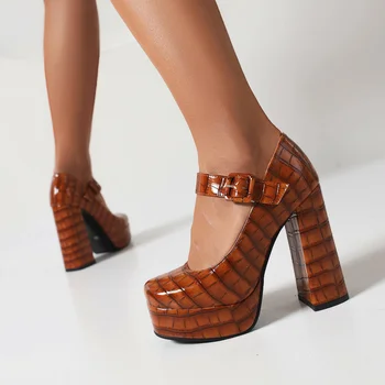 2023 yeni Bahar kadın pompaları artı boyutu 23-28cm uzunluk Mikrofiber deri üst taş desen seksi ayakkabılar kalın topuk bayan ayakkabıları