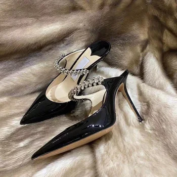 2023 Yeni Sivri Taklidi Muller Yarı römork düz ayakkabı Patent Deri Sığ Fransız Yüksek Topuk kadın ayakkabısı Terlik