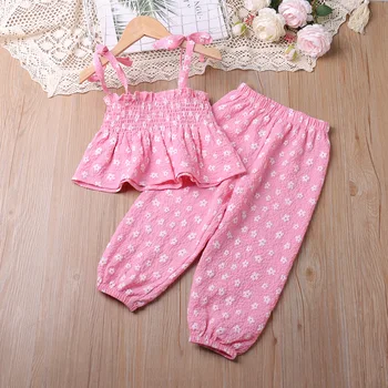 2023 Yeni Yaz Çocuk Giysileri Kız Seti Serin Kayış Çiçekler Üst + Pantolon 2 Adet Çocuk Giysileri