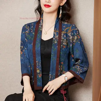 2023 çin ulusal çiçek baskı saten hırka geleneksel kadınlar vintage etnik ceket oryantal tang takım elbise bluz streetwear
