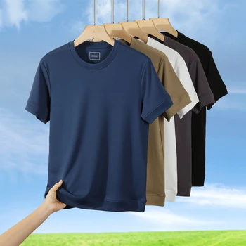 210G Pamuk Karışımlı T-Shirt erkek Yaz Moda Kısa Kollu O-Boyun Düz Renk Basit Temel Tees Serin Rahat Casual Tops