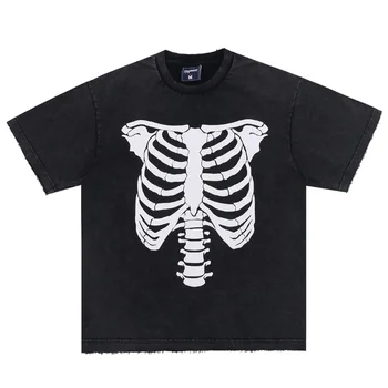 23SS 3D İnsan Kafatası Baskı T Shirt Erkek Kadın AB Boyutu Saf Pamuk Vintage En Tees Yaz Stranger Şeyler Rahat Tee