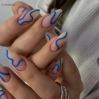 24 adet Mavi Çizgi Yanlış Çivi Mat Badem yapay tırnaklar Tam Kapak Giyilebilir Yanlış Çivi Kadınlar için Tırnak DIY Tırnak Etiket