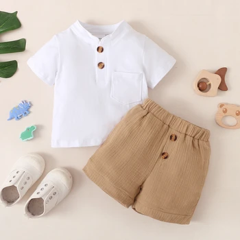 3-24 Ay Bebek Erkek Bebek Giysileri Set Beyaz Kısa Kollu Tişört Şort 2 ADET Yaz Günlük Rahat Kıyafet Yürümeye Başlayan Çocuk için