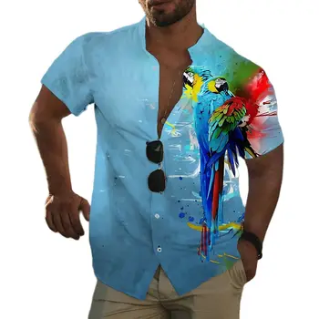 3D Papağan Baskı erkek Sosyal Gömlek Hawaiian Plaj Tatil Kısa Kollu Yaka Boy Üstleri Erkek Giysileri Rahat Camisa Masculina