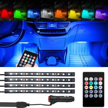 4 adet RGB 12 LED araba atmosfer iç dekoratif ayak ışıkları Neon RGB ışık şeritleri uzaktan kumanda araba zemin lambası lambası