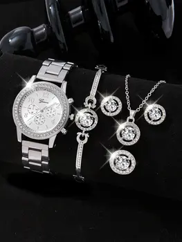 5 ADET Set Gümüş Lüks İzle Kadınlar Yüzük Kolye Küpe Rhinestone Moda Kol Saati Kadın Casual Saatler Bilezik Seti