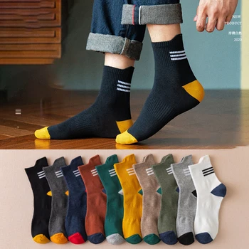 5 Pairs Paketi Erkekler Çorap Renk Kontrast Şerit Pamuklu Çorap Rahat Nefes Spor Koşu diz üstü çorap Kadın Spor Çorap