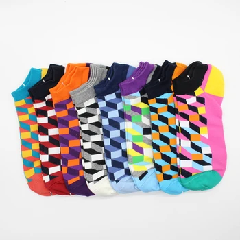 5 Pairs Yeni Stil Moda Renkli Pamuk Çorap Izgara Tasarımı Bahar ve Yaz Kısa Geometrik Kafes Pamuk komik çoraplar