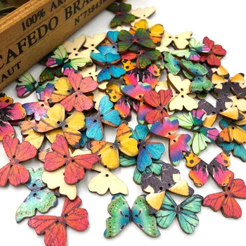 50 ADET Ahşap Dikiş Düğmeleri Scrapbooking Renkli Kelebek Karışık Rastgele İki Delik Desen DIY Çocuk için WB43