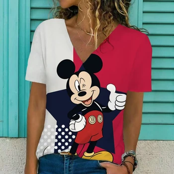 5XL Bayanlar Üstleri Rahat Kısa Kollu V Yaka bol T Shirt Kadın 3D Disney Minnie Mickey Mouse Yaz Tees Yeni Nefes Alabilen Giysiler