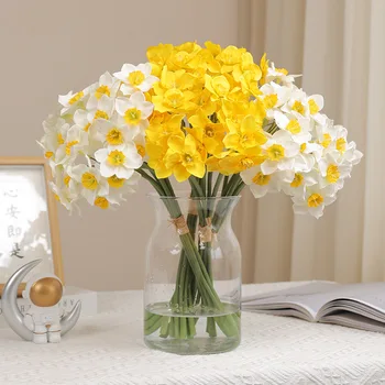 6 Adet / grup Beyaz Yapay Nergis Çiçek Buketi Ev Bahçe Masaüstü Dekorasyon Çiçek Parti Düğün Gelin Sahte Çiçekler