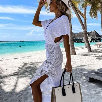 6 renkli Fırfır Kollu Elbiseler Beyaz Tığ İşi Yüksek Bölünmüş Elbise V Yaka Örgü Dize Uzun Beachwear Yaz Bikini Maxi Cover Up 2023