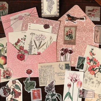 68 adet/paket Vintage Kağıt Çiçekler Bitki Retro Etiket Malzemesi Etiket önemsiz günlüğü Yaratıcı Kırtasiye DIY dekorasyon kağıdı