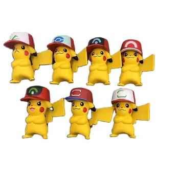 7 adet/grup TOMY Pokemon 5cm Pikachu Şapka PVC Şekil Kek Dekorasyon Heykelcik Araba Pikachu Model Oyuncak Çocuklar Hediye