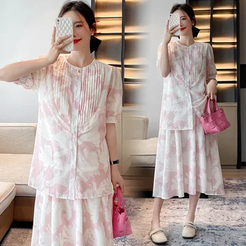 9959# 2023 Yaz Kore Moda Pembe Annelik Bluzlar Göbek Etekler Setleri Tatlı Gevşek Takım Elbise Hamile Kadınlar için Gebelik