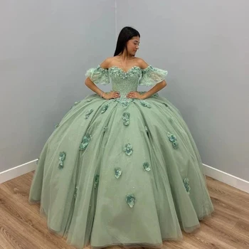 Adaçayı Yeşil balo elbisesi Quinceanera Elbiseler 3D Aplike Dantel Tatlı 16 Elbise Dantel-Up Doğum Günü Partisi Vestido De 15 Años