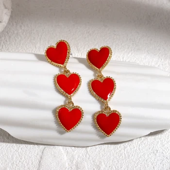 AENSOA Moda Kırmızı Emaye Kalp Uzun sallanan küpe Kadınlar için Tatlı Aşk Kalp Damla Küpe Altın Renk Metal Takı 2023